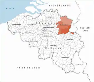 Lage der Provinz Limburg innerhalb Belgiens hervorgehoben