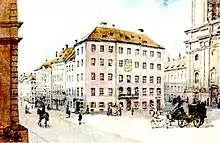 Bierwirtschaft Zum Bauerngirgl, 1840 – vor Errichtung der Feldherrnhalle; links die Residenzstraße