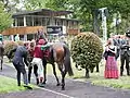 Trainer Markus Klug hilft Jockey Martin Seidl in den Sattel der zweitplatzierte Stute Amorella