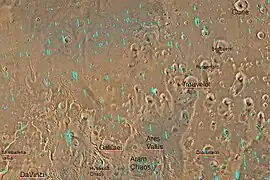 Viereckkarte von Oxia Palus, beschriftet mit den Hauptmerkmalen. Aram befindet sich am unteren Bildrand.