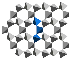 α-Quarzstruktur: Verknüpfung spiralförmiger Ketten, eine Kette blau hervorgehoben; Blick entlang der c-Achse (3-zählige Achse)