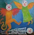 Clown, Tod, Teufel, Engel. Eitempera, Baumwolle, 2011