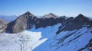 Blick auf die Schildspitze, Mittlere Pederspitze und Plattenspitze (von links nach rechts)
