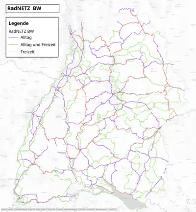 Karte, die Baden-Württemberg zeigt und alle Radwege des RadNETZ BW. Unterteilt sind sie in Alltagsradwege, und Freizeitradwege.