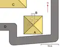Nebenpyramide mit Unterbau (nach Valloggia):A: NebenpyramideB: SubstrukturC: HauptpyramideD: Umfassungsmauer