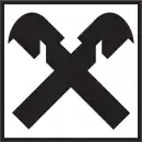 Logo der Raiffeisen Bankengruppe Österreich: Das Giebelkreuz, zwei stilisierte Pferdeköpfe, ist ursprünglich ein Symbol für ein behütetes Haus und wurde früher am Dachgiebel zum Schutz der Bewohner vor allen Gefahren angebracht.