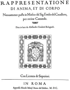 Emilio de’ Cavalieri – Rappresentatione di Anima, et di Corpo – Titelseite der Partitur, Rom 1600