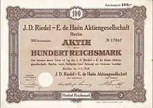 Aktie der fusionierten Riedel-de Haen AG 1928