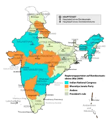 Regierungsparteien auf Bundesstaatsebene unmittelbar nach der Wahl 2009 und vor der Wahl 2014 Indischer Nationalkongress Bharatiya Janata Party Andere President’s rule