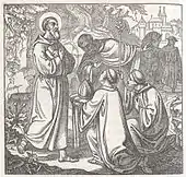 Abt Reginbald erhält die Nachricht von seiner Bischofswahl; Stich aus „Bavaria Sancta“ von Magnus Jocham, 1861