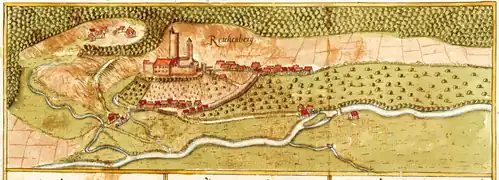 Reichenberg mit deutlich höherem Bergfried und einem zweiten Turm (Ansicht aus dem 17. Jahrhundert von Andreas Kieser)