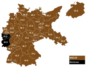 März 1933 – Stimmenstärkste Parteien nach Wahlkreisen (angegeben ist jeweils der Prozentanteil der stärksten Partei)