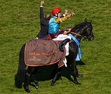 Derbysieger Weltstar mit Adrie de Vries in den Rennfarben des Gestüts Röttgen