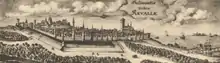 Kupferstich von der Stadt mit einer Stadtmauer und zwei Kirchen. Vor der Mauer sind drei Orte mit Häusern und rechts ist der Hafen mit einlaufenden Segelschiffen. In den Wolken ist der deutsche Name „Revalia“ vermerkt.