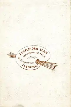 Revers CdV Malerpalette für Adressangaben; Atelier Reutlinger Sohn, Elberfeld, Königstraße; Lithograf unbekannt, um 1870.