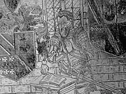 Brasse mit dem Abbild von Richard Fortescue († 1570) in der Kirche von Filleigh. Das Wappen der Trewins aus Weare Giffard ist in der 4. Vierung des Wappenschildes auf der rechten Seite zu sehen: Silber auf einem grünen Band zwischen sechs roten Kleeblattspitzkreuzen drei goldene Krummstabköpfe