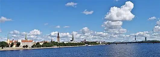 Blick über den vorderen Fluss zum Ufer mit Bäumen und vielen Häusern im Hintergrund. Einige Kirchtürme ragen hervor und eine Eisenbrücke führt rechts über den Fluss.