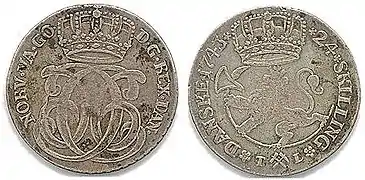 Rigsorten, die 24-Schilling-Münze von 1734.