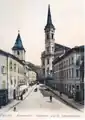 Der Rindermarkt um 1900; St. Paul mit hohem Spitzhelm.