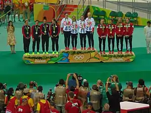 Siegerehrung in der Mannschaftsverfolgung 2016: rechts Kanada mit Bronze, links die USA mit Silber, in der Mitte Großbritannien mit Gold
