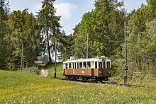 Triebwagen 105 »Alioth« der Rittner Bahn nächst der Haltestelle Rappersbichl (Rappersbühl) am 28. Mai 2016
