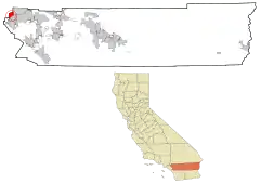 Lage von Eastvale im Riverside County (oben) und in Kalifornien (unten)