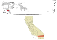 Lage von Wildomar im Riverside County (oben) und in Kalifornien (unten)