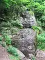 Der Fallende Bach rieselt über eine flaserig-gneisige Granitoidklippe im Burgwald in der Nähe der Ruine Rodenstein bei Fränkisch-Crumbach.