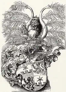 Albrecht Dürer um 1520: Wappen der Herren von Rogendorf, mit Bügelhelm