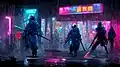 Ninjas in einer  japanisch anmutenden Cyberpunk-Stadt