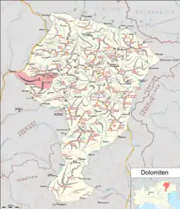 Rosengartengruppe in Rot auf der Karte der Dolomiten