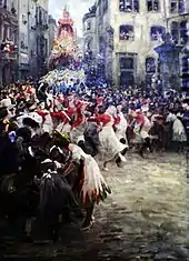 Rosenmontagszug vor dem Brunnen am Kölner Maesplatz (1906)