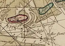 Karte von Rottum und der untergangenen Insel Bosch vor 1682