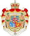 Wappen von König Christian X. von Island 1918 bis 1944 und Dänemark 1903 bis 1947. Island wird durch den silbernen Falken in der Ecke unten links dargestellt. Der Falke wurde 1948 vom dänischen Wappen entfernt.