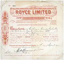 Aktie der Royce Limited über 25 Preference Shares zu je 1 £, ausgegeben am 7. April 1910, im Original unterschrieben von Ernest Alexander Claremont als Präsident. Die Gesellschaft wurde gegründet von Sir Frederick Henry Royce am 4. Juni 1894 unter dem Namen F. H. Royce and Co., Limited und am 17. Oktober 1899 zu Royce, Limited reorganisiert.