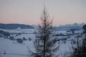 Blick vom Rüttihubelbad auf das Walkringenmoos und die Berner Alpen