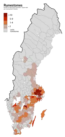 Verbreitung von Runensteinen (pro km²) in Schweden