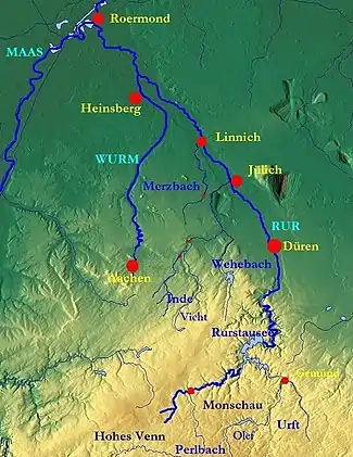 Die Rur u. a. mit dem Inde-Verlauf