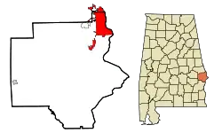 Lage von Phenix City im Russell County (links) und in Alabama (rechts)