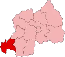 Lagekarte der ehemaligen Provinzen Ruandas mit Vorhebung der Provinz Cyangugu im äußersten Südwesten