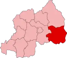Lagekarte der ehemaligen Provinzen Ruandas mit Vorhebung der im Osten gelegenen Provinz Kibungo
