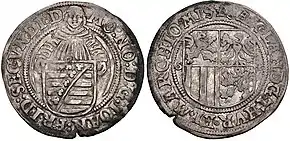 Ein Engel als Schildhalter auf Alleinprägungen Johann Friedrichs II. von Sachsen, Schreckenberger von (15)64