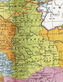 Die Sächsische Ostmark um 965 (grüne Fläche begrenzt im Norden durch eine rote Linie)
