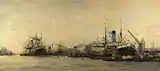 Hobbe Smith (1913): Gezicht op de IJhaven en de Javakade naar het westen, met een “blauwpijper” van de Nederlandsche Stoomvaart Maatschappij Oceaan-Havengezicht het IJ ten zuiden v-d Handelskade, Amsterdam Museum.