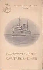Musikprogramm und Speisefolge eines Kapitänsdinners vom 15. April 1909 an Bord der SS Thalia des Österreichischen Lloyd