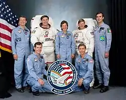 v. l. n. r. Vorne: Bryan O’Connor, Brewster ShawHinten: Charles Walker, Jerry Ross, Mary Cleave, Sherwood Spring, Rodolpho Neri Vela