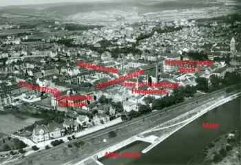 Luftfoto vor dem 2. Weltkrieg.Aus den Arealen Fichtel & Sachs Werk 1, Fries & Höpflinger Hauptwerk und  Schuhfabrik Heimann ging das Werk 1 der VKF hervor (ab 1953 SKF)