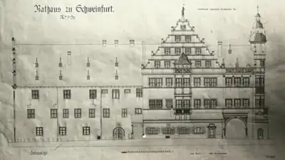 Ostansicht(Plan vom Stadtbauamt von 1911).Die linke Hälfte wird durch Bürgerhäuser in der Brückenstraße verdeckt
