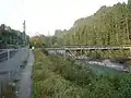Die Brücke von Osten mit den Gleisen der Bahnlinie Reichenau-Disentis