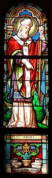 Der hl. Fronto von Périgueux als Drachentöter (Glasfenster in der Kirche von Saint-Germain-de-Belvès, Périgord)